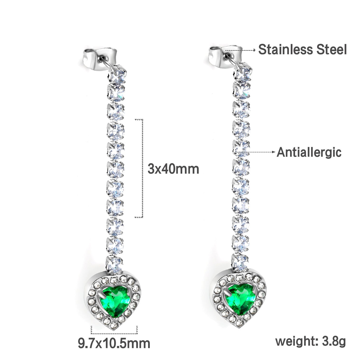 Damen Hängende Ohrstecker mit funkelnden Zirkonia und grünem Kristallanhänger Shop Nory