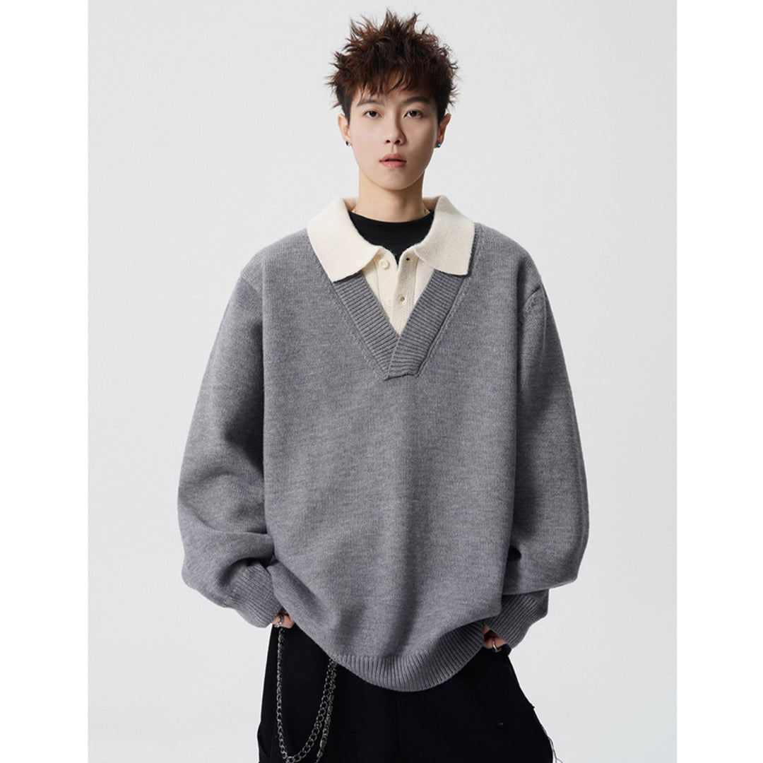 Damen Modischer Grobstrickpullover mit V-Ausschnitt und Kragen Shop Nory
