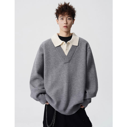 Damen Modischer Grobstrickpullover mit V-Ausschnitt und Kragen Shop Nory