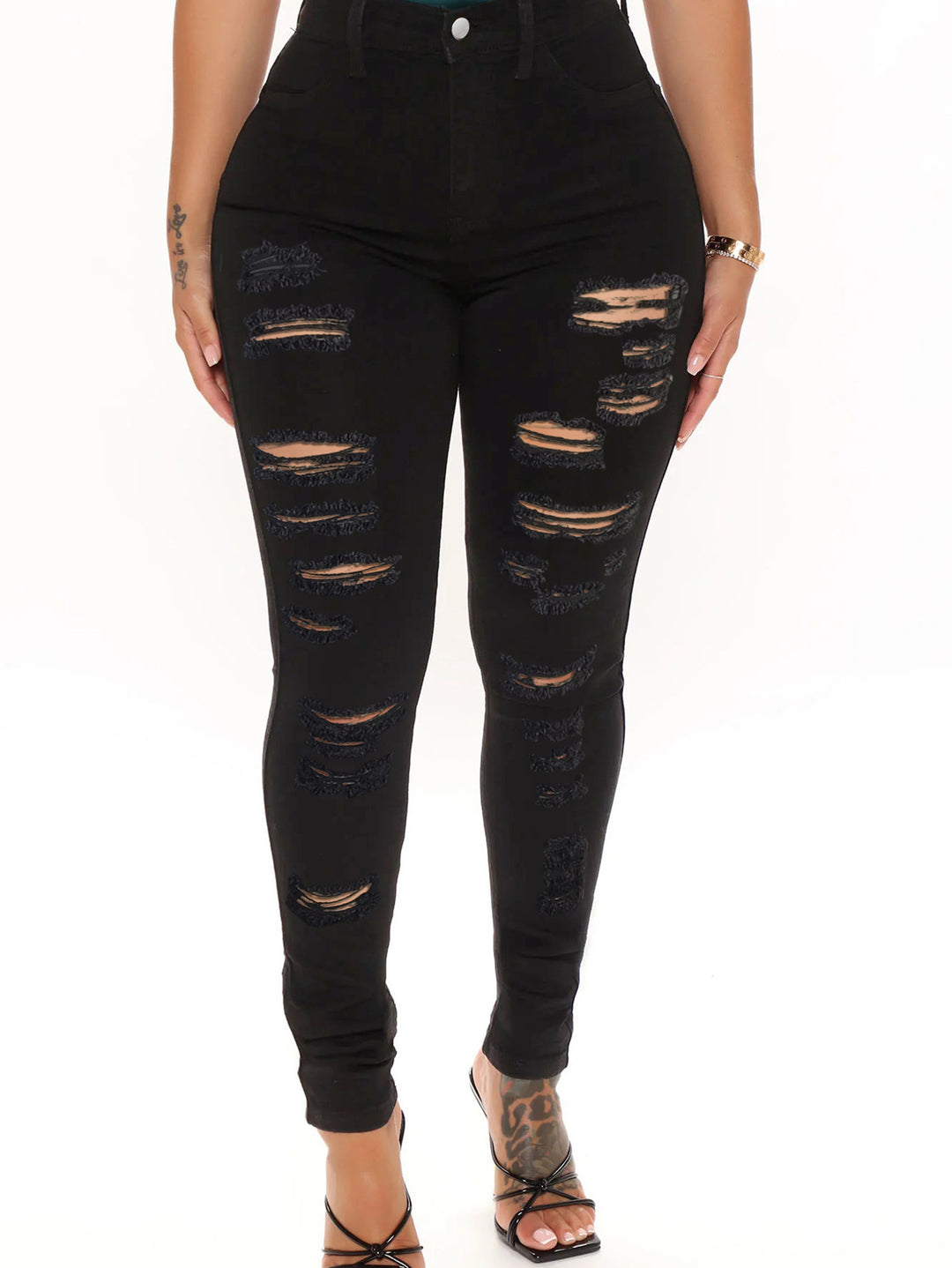 Damen hochtaillierte Sculpting-Skinny-Jeans mit starkem Destroy-Design und Stretchbund Shop Nory