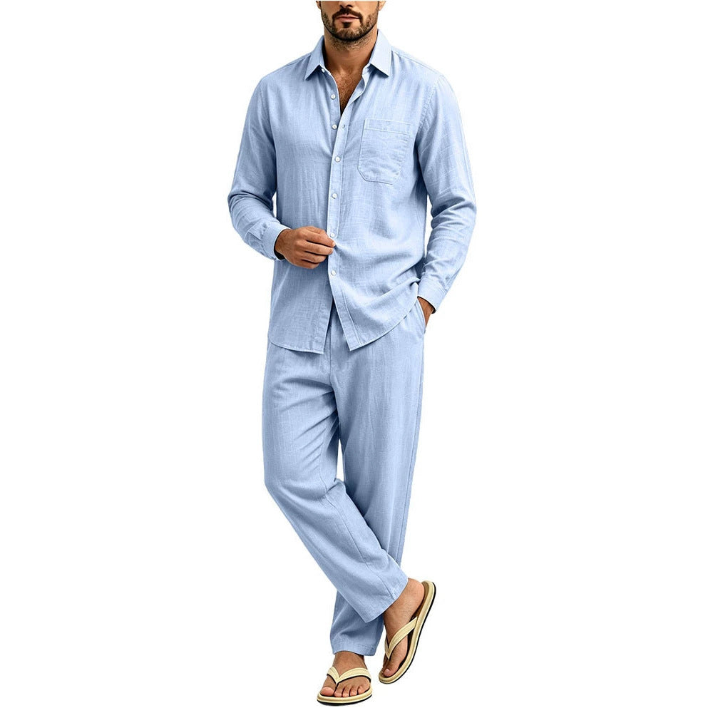 Herren Lässiges Zweiteiliges Freizeitset in Leinenoptik mit Knopfhemd und weiter Bundhose Shop Nory
