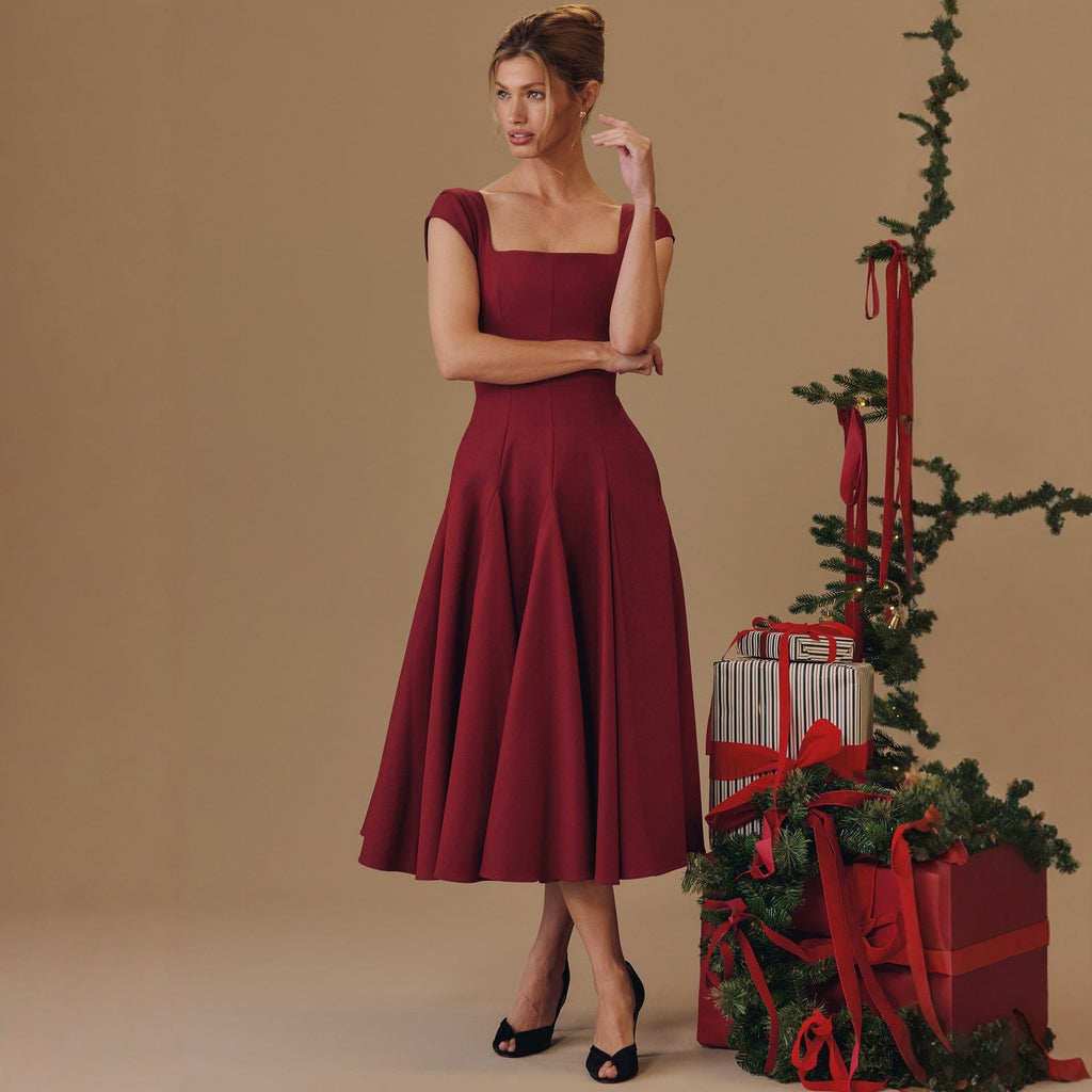 Damen Midi-Kleid mit quadratischem Ausschnitt und weit schwingendem Rock