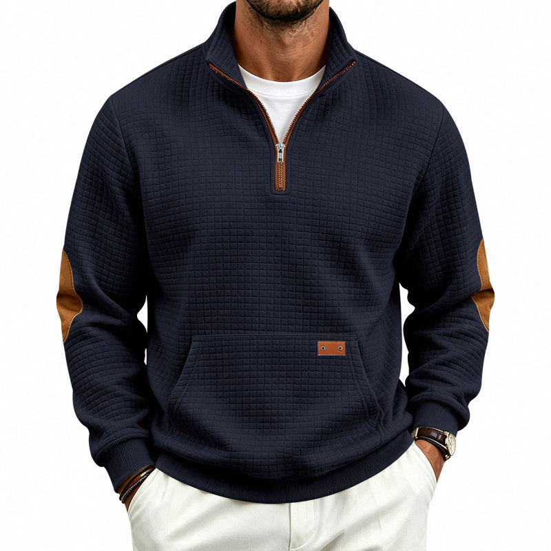 Herren Stehkragen-Halbzip-Sweatshirt mit karierter Reliefstruktur und Lederoptik-Ellenbogenpatches Shop Nory