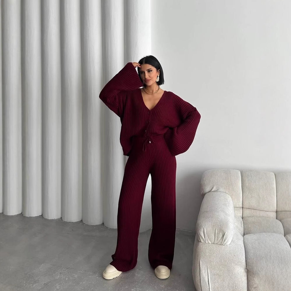 Damen Rippstrick-Cardigan mit überlangen Ärmeln und passender High-Waist-Loungehose Shop Nory