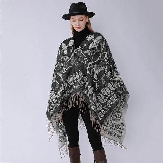 Damen Jacquard-Poncho im Oversize-Kaftan mit floraler und Vogelornamentik Shop Nory