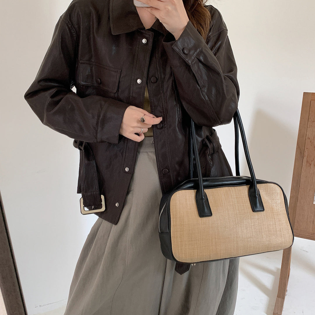 Damen Kurze Oversize-Lederjacke mit Taillenzug und Druckknopfleiste Shop Nory