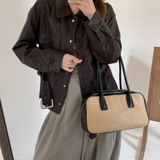 Damen Kurze Oversize-Lederjacke mit Taillenzug und Druckknopfleiste Shop Nory