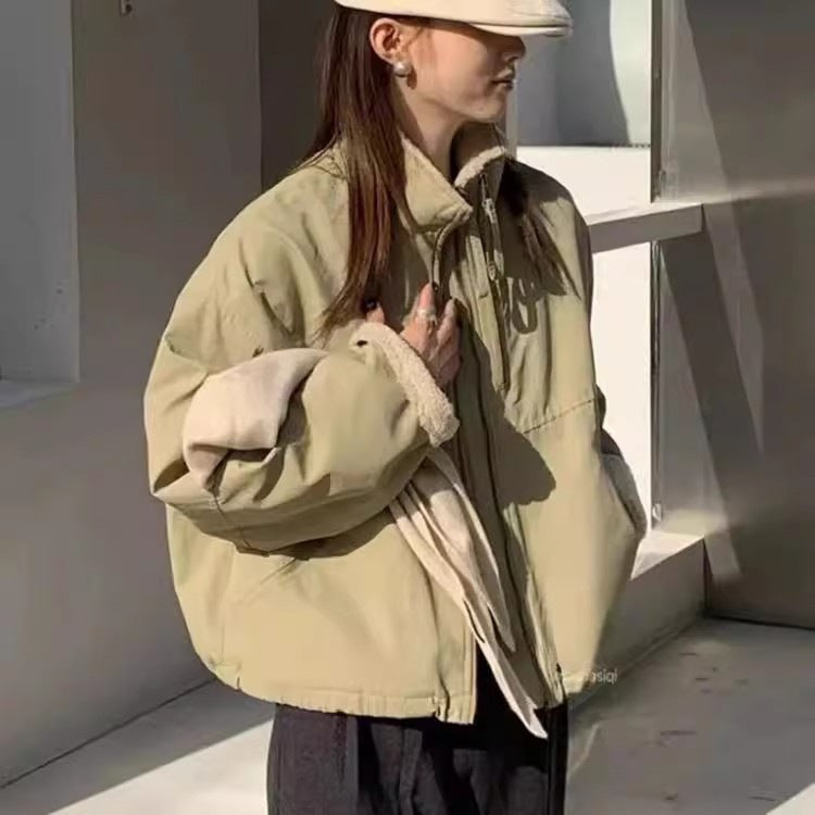 Damen Kurze Oversize Bomberjacke mit Teddyfutter an Bündchen und Stehkragen Shop Nory