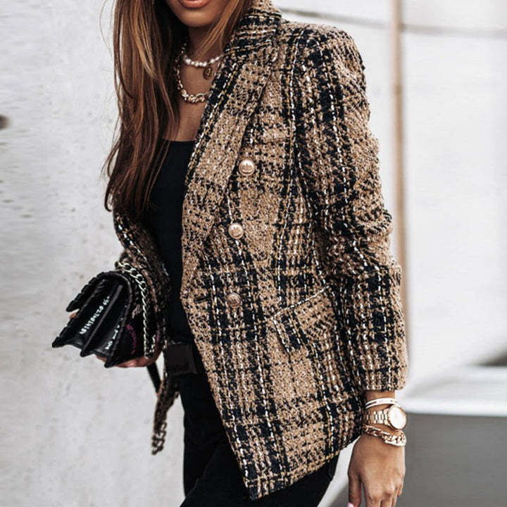 Damen Bouclé-Tweed-Blazer mit Karomuster und doppelreihiger Knopfleiste Shop Nory