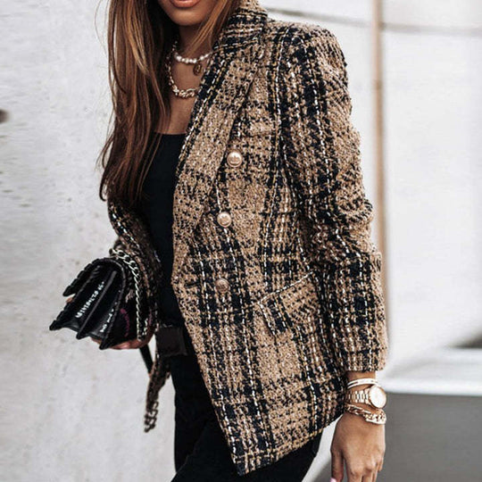 Damen Bouclé-Tweed-Blazer mit Karomuster und doppelreihiger Knopfleiste Shop Nory