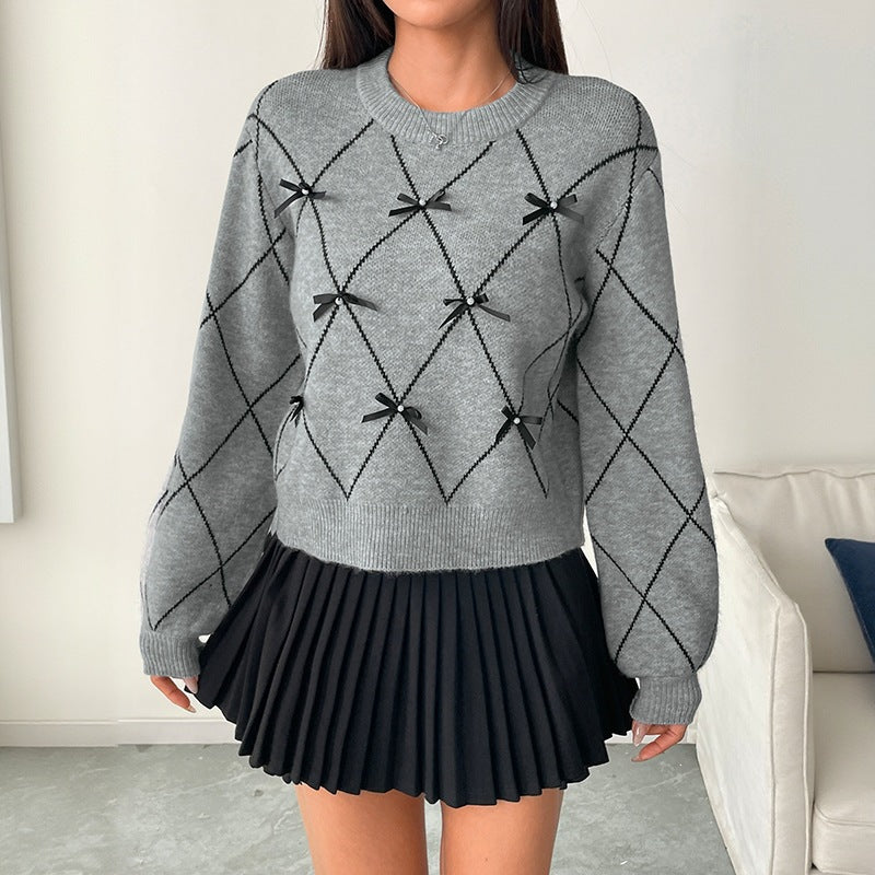 Damen Kurzer Argyle-Strickpullover mit Zier‑Schleifen und geripptem Saum Shop Nory
