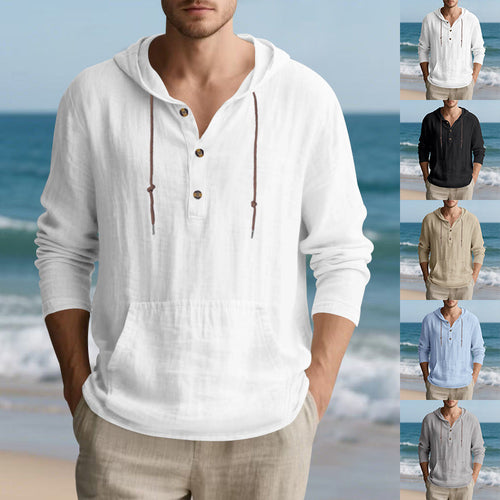 Herren nan leichtes Kapuzen-Henley aus Leinen-Baumwollmix mit Kängurutasche und Knopfleiste