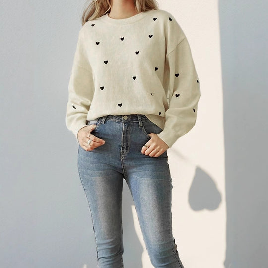 Damen Lockerer Feinstrickpullover mit Herzchen-Allover, Rundhalsausschnitt und elastischem Saum Shop Nory