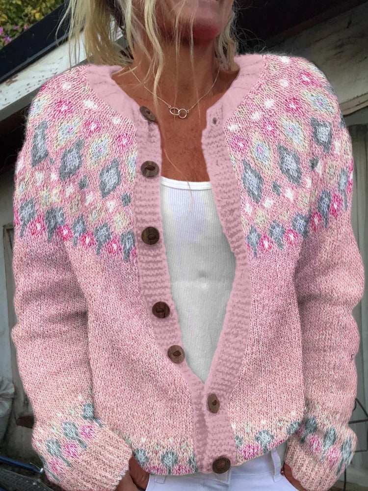 Damen nan gemusterte Strickjacke mit Rundpasse, Holzknöpfen und Eingrifftaschen Shop Nory