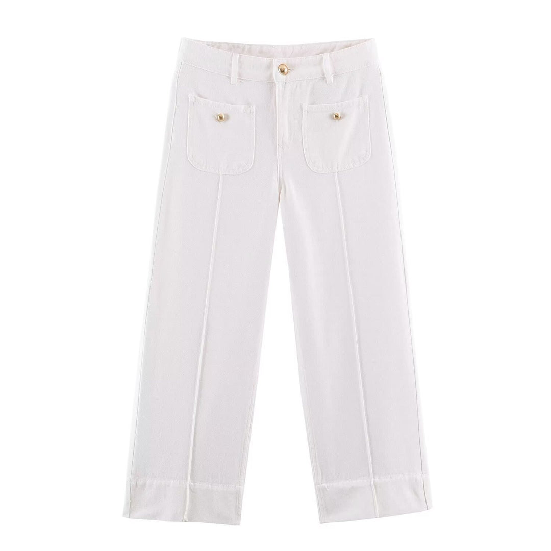 Damen High-Waist Wide‑Leg Jeans mit aufgesetzten Fronttaschen und Mittelnaht-Detail Shop Nory