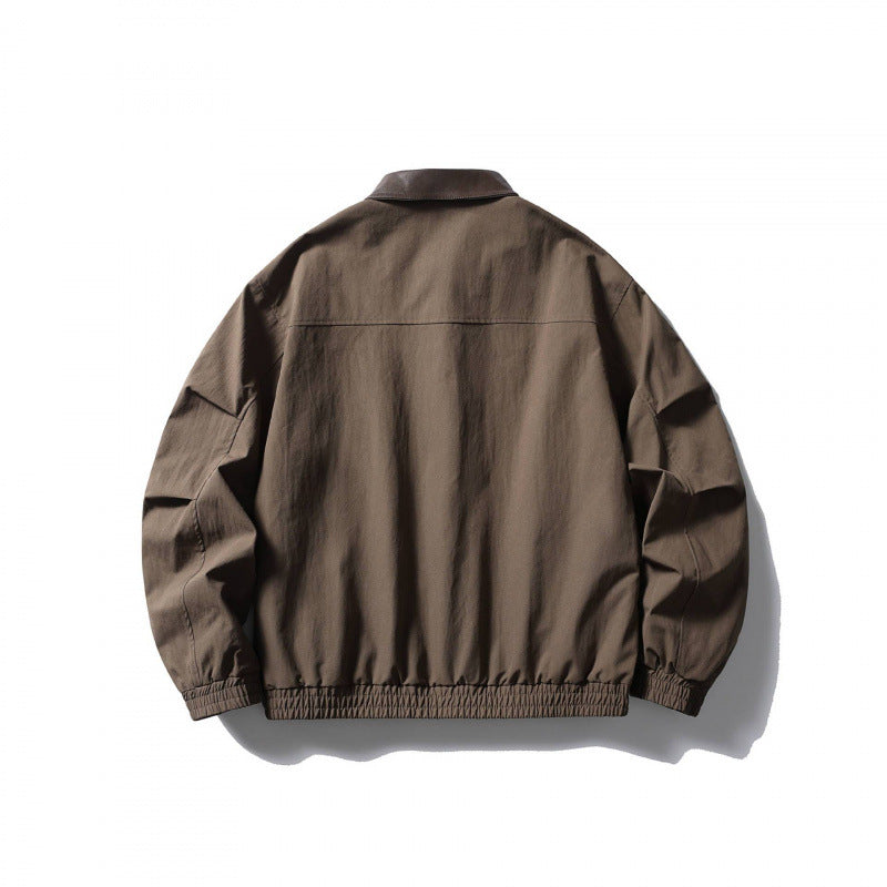 Herren Locker geschnittene Zip-Jacke mit Kontrastkragen aus Lederimitat und elastischem Saum Shop Nory