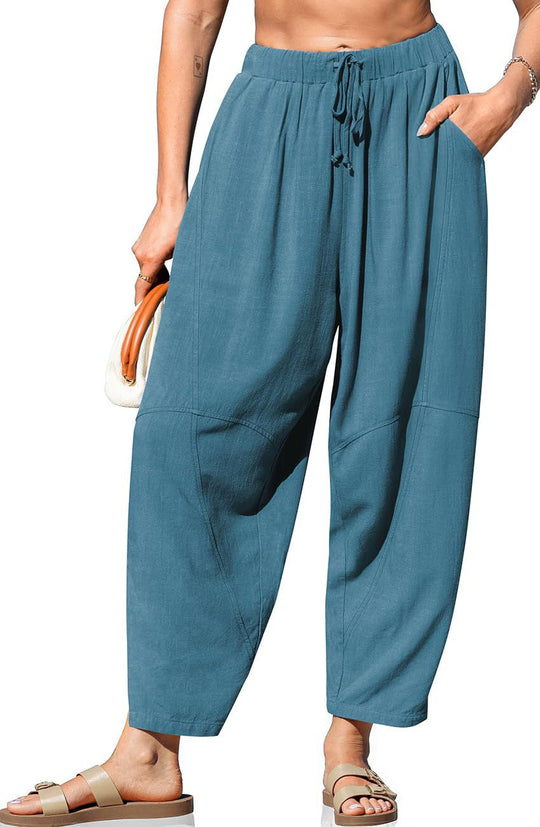 Damen Locker geschnittene Leinenhose mit weitem Bein und Kordelbund Shop Nory