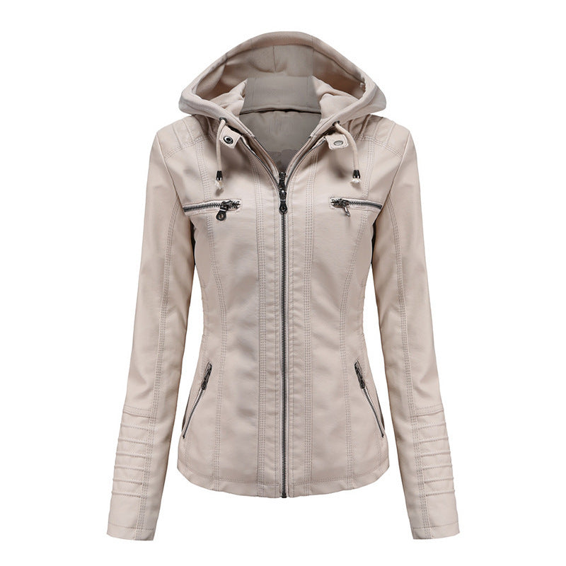 Damen Taillierte Kunstlederjacke mit abnehmbarer Kapuze und Reißverschluss Shop Nory