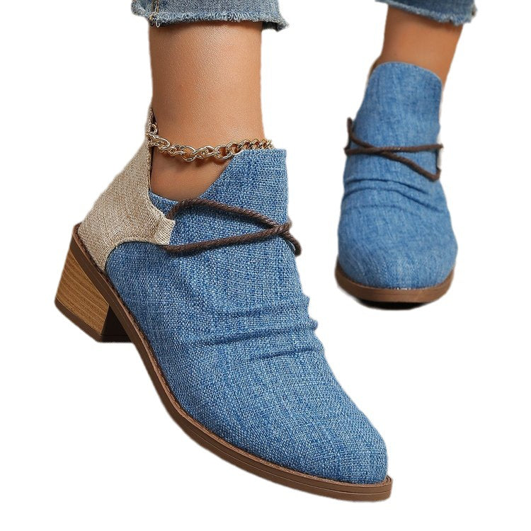 Damen Kurzstiefelette mit Leoparden-Print, Canvas-Obermaterial, dekorativem Flechtriemen und niedrigem Blockabsatz Shop Nory