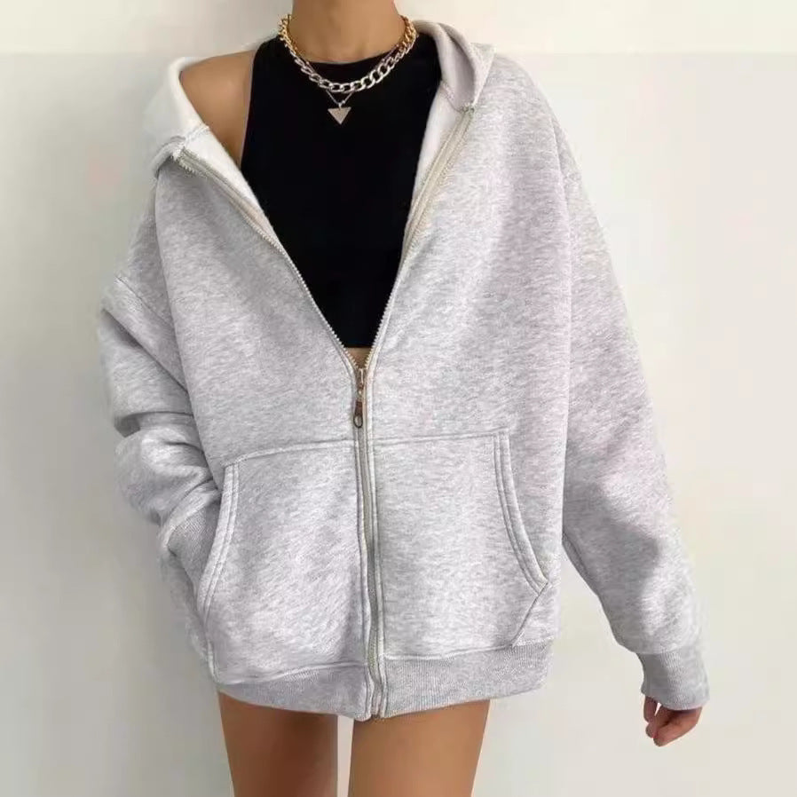 Damen nan minimalistisches French-Terry Zip-Hoodie mit durchgehendem Reißverschluss, Kängurutasche und Daumenloch-Ärmeln Shop Nory