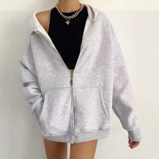 Damen nan minimalistisches French-Terry Zip-Hoodie mit durchgehendem Reißverschluss, Kängurutasche und Daumenloch-Ärmeln Shop Nory