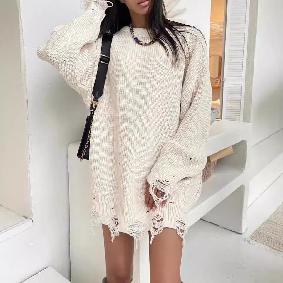 Damen Oversized Strickkleid mit Destroyed-Saum und Ballonärmeln Shop Nory