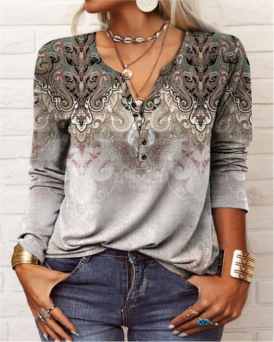 Damen Lockeres Langarm‑Henleyshirt mit V‑Ausschnitt, Knopfleiste und Ombre‑Print Shop Nory