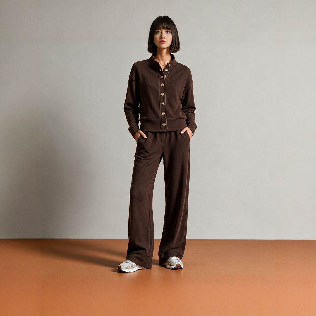 Damen Sweatjacke mit Druckknopfleiste, Stehkragen und weichem Lounge-Schnitt Shop Nory