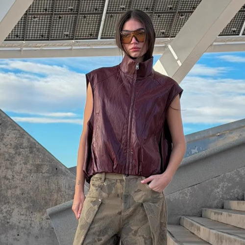 Damen Ärmellose Lederweste mit hohem Stehkragen, kurzem Boxy-Cut und Frontreißverschluss Shop Nory