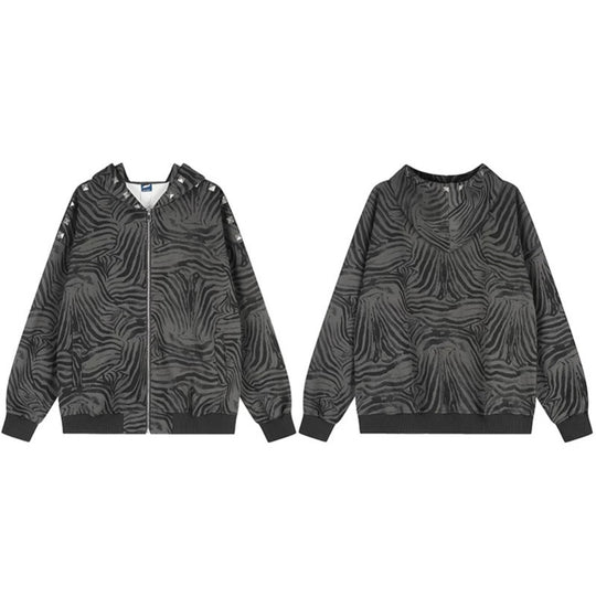 Damen Oversize-Zip-Hoodie mit Zebra-Alloverprint, Nietenbesatz und Rippbündchen Shop Nory