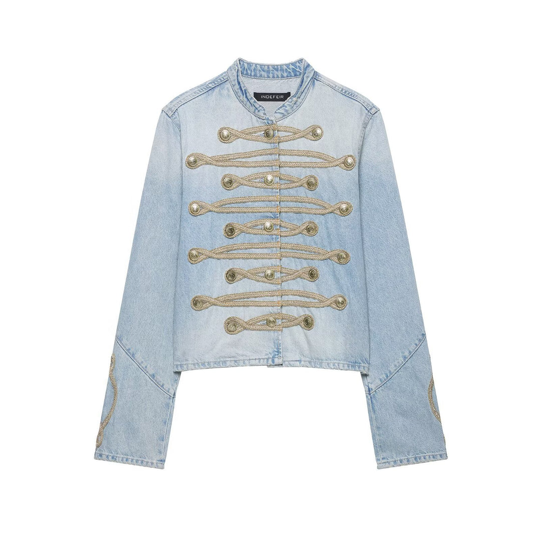 Damen kurze Jeansjacke im Militärstil mit Kordelapplikation und Mandarinkragen Shop Nory