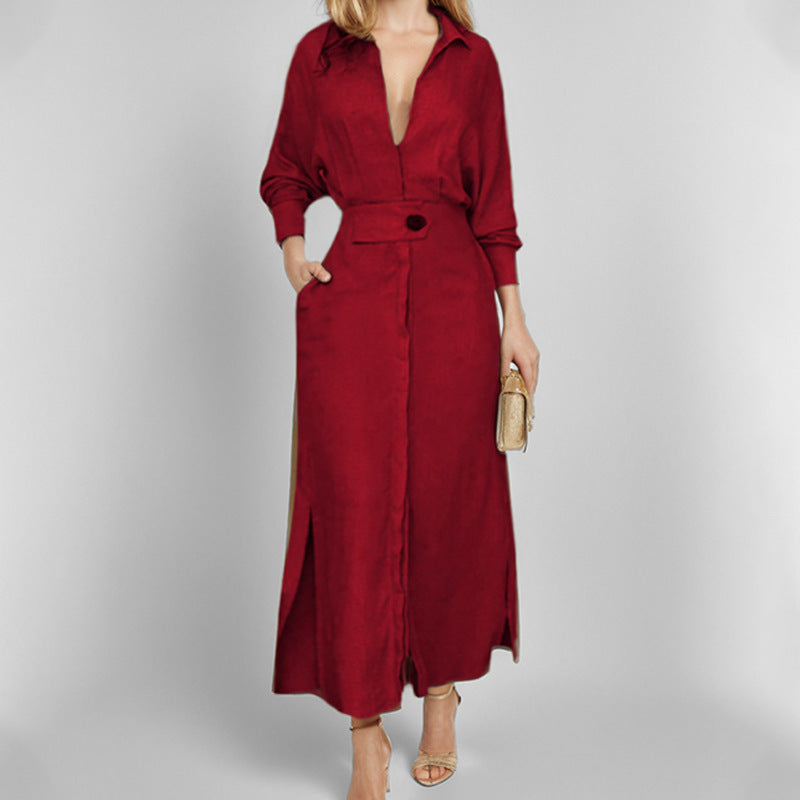 Damen Leinen-Maxikleid mit Hemdkragen, Taillengürtel und seitlichen Beinschlitzen Shop Nory