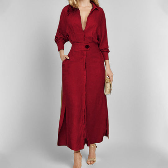 Damen Leinen-Maxikleid mit Hemdkragen, Taillengürtel und seitlichen Beinschlitzen Shop Nory