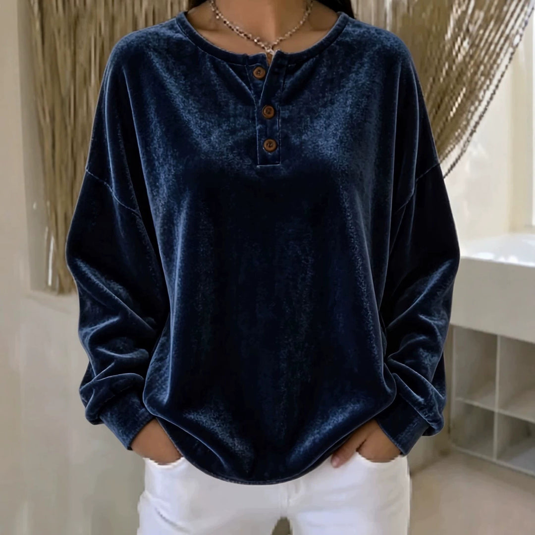 Damen Lässiges Oversize Samt-Henleyshirt mit Knopfleiste Shop Nory