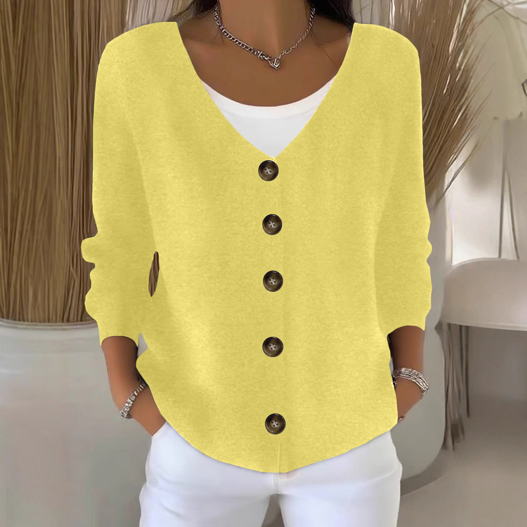 Damen Lockerer V-Ausschnitt Feinstrick-Cardigan mit Holzknopfleiste Shop Nory