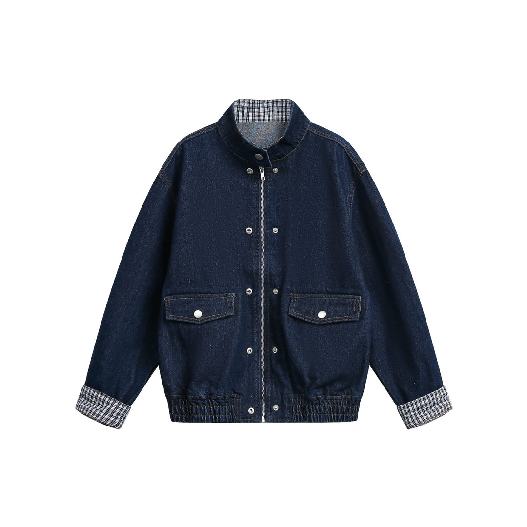 Damen Oversize-Denimjacke mit Stehkragen und Karo-Futter Shop Nory