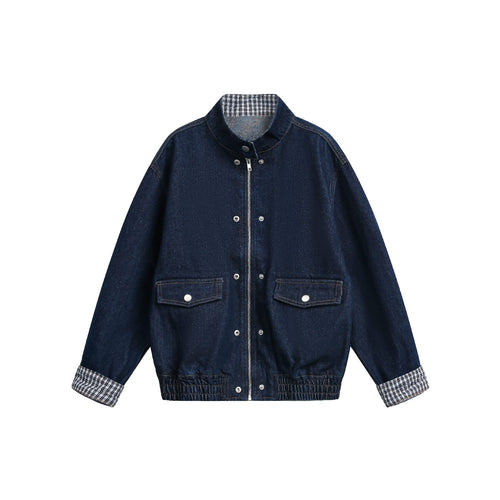 Damen Oversize-Denimjacke mit Stehkragen und Karo-Futter Shop Nory