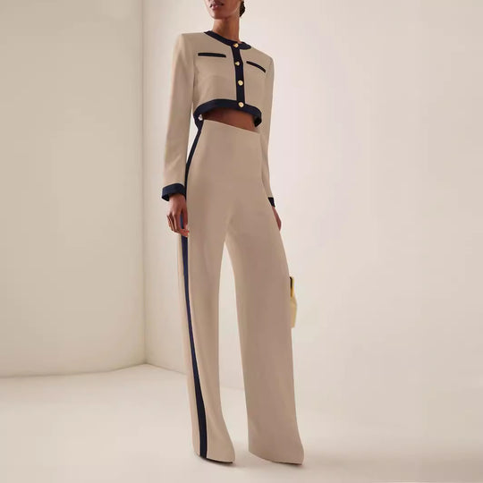 Damen Kurzgeschnittenes Cropped-Tailoring-Set mit Kontrastpaspel und High‑Waist Palazzo-Hose Shop Nory
