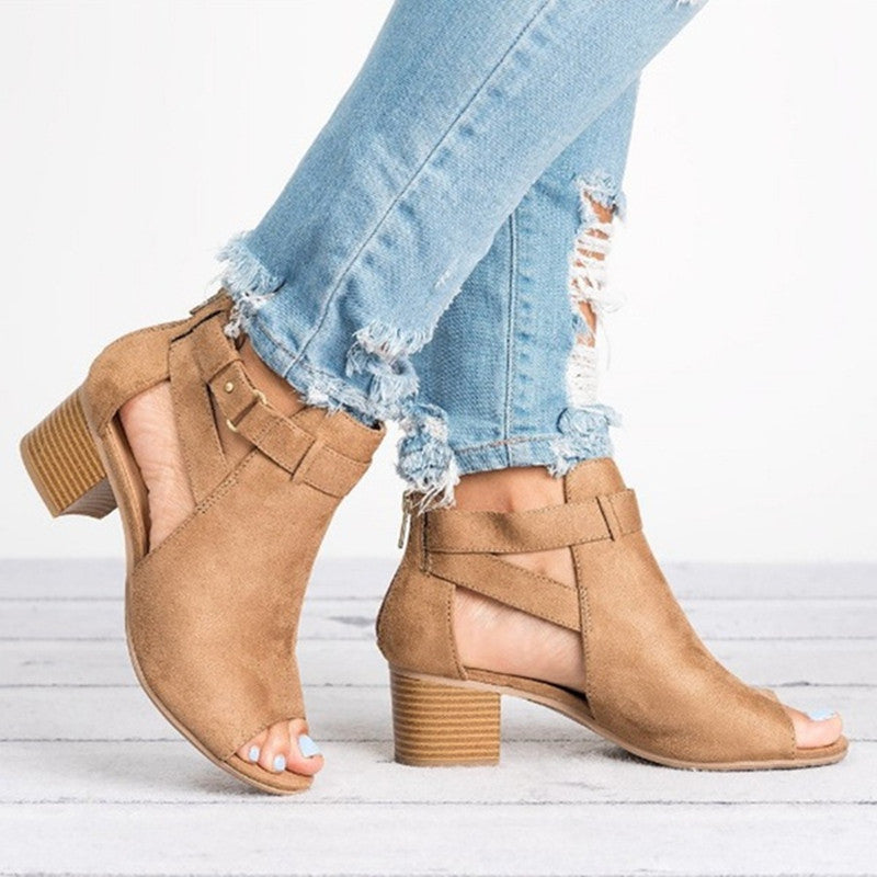 Damen Offene Absatzsandalen mit modischen Riemchen und stabiler Laufsohle