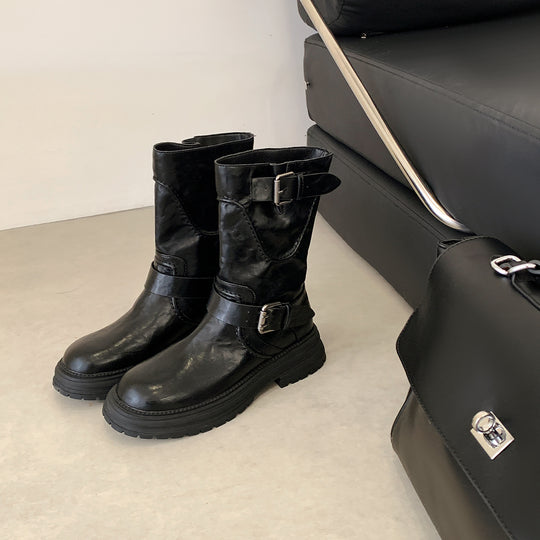 Damen Halbhohe Bikerstiefel aus Glattlederoptik mit verstellbaren Metallschnallen und profiliertem Lug‑Plateau Shop Nory