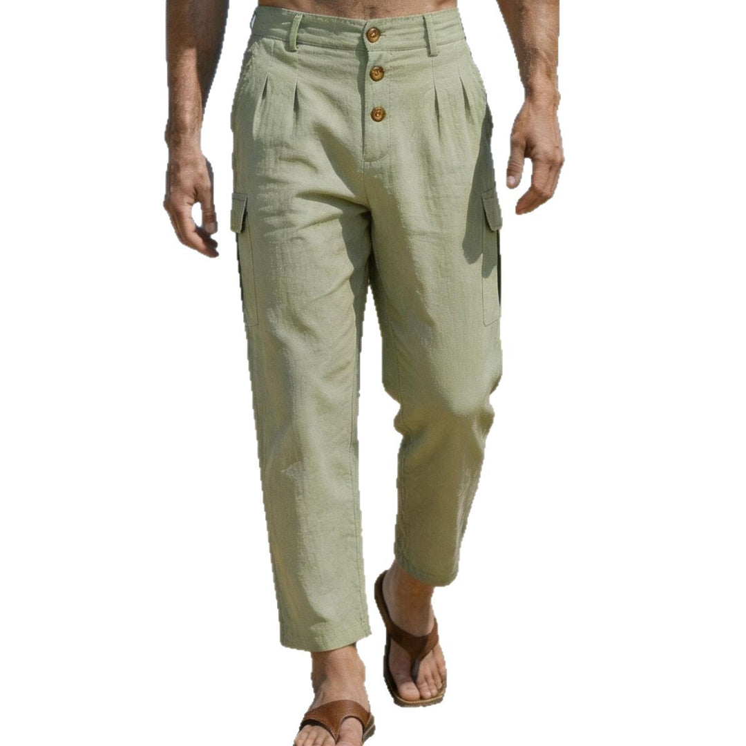 Herren lässige Leinen-Cargo-Chino mit Knopfleiste, Bundfalten und gekürzter Knöchellänge Shop Nory
