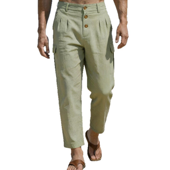 Herren lässige Leinen-Cargo-Chino mit Knopfleiste, Bundfalten und gekürzter Knöchellänge Shop Nory