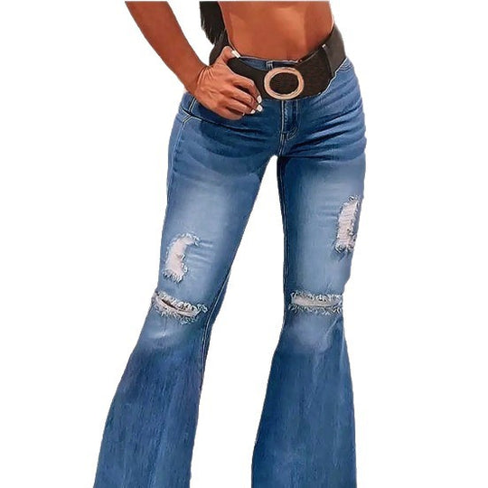 Damen hochgeschnittene Schlaghose aus Stretch-Denim mit ausgestelltem Bein, Knie-Rips und ausgefranstem Saum Shop Nory