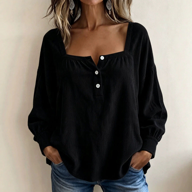 Damen Langärmeliges Rippstruktur-Henleyshirt mit quadratischem Ausschnitt Shop Nory