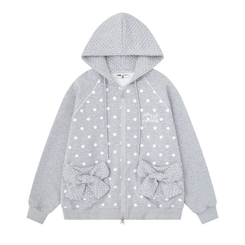 Damen Gepunktete Zip-Kapuzenjacke mit Schleifen-Taschen und Raglanärmeln Shop Nory
