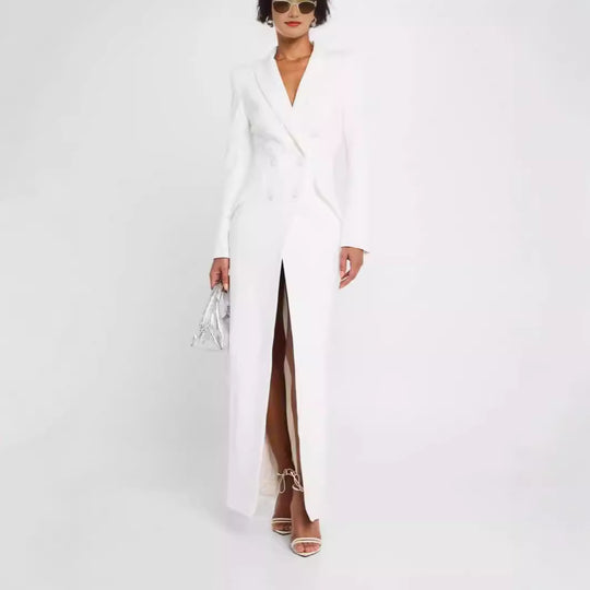 Damen Blazerkleid Maxikleid mit Doppelreiher, taillierter Silhouette und hohem Frontschlitz Shop Nory