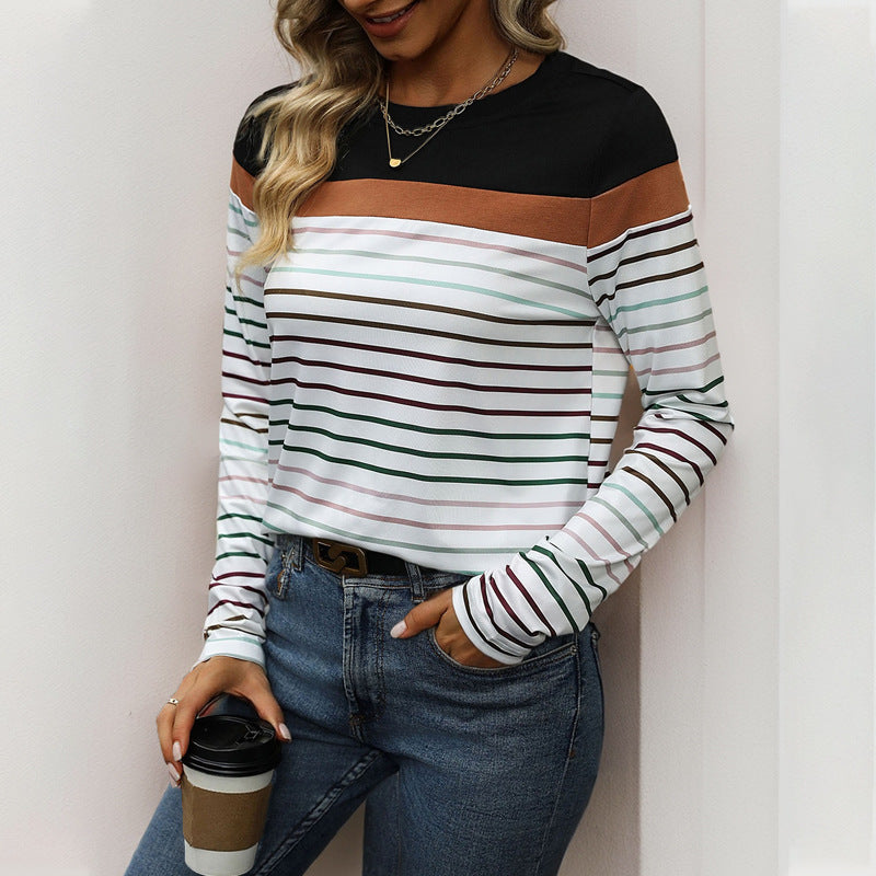 Damen Langärmliges gestreiftes Shirt mit Colorblock‑Schulter und Rundhalsausschnitt Shop Nory