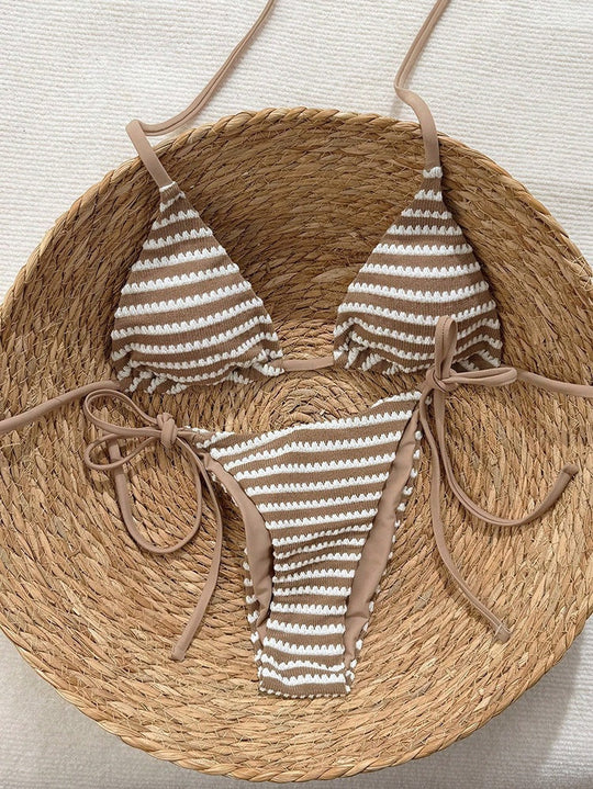Damen Triangel-Bikini mit verstellbaren BindShopnoryändern und trendigem Streifenmuster Shopnory