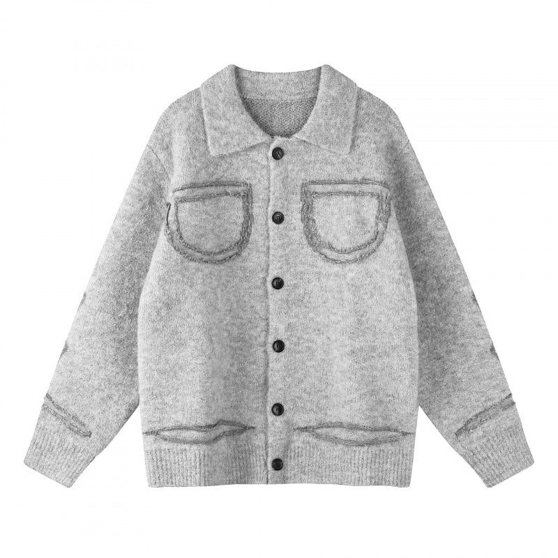 Unisex Oversize Strickjacke im Hemdjacken-Look mit Kragen, aufgesetzten Brusttaschen und Fransenbesatz Shop Nory
