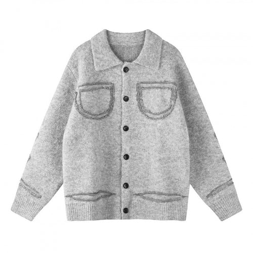 Unisex Oversize Strickjacke im Hemdjacken-Look mit Kragen, aufgesetzten Brusttaschen und Fransenbesatz Shop Nory